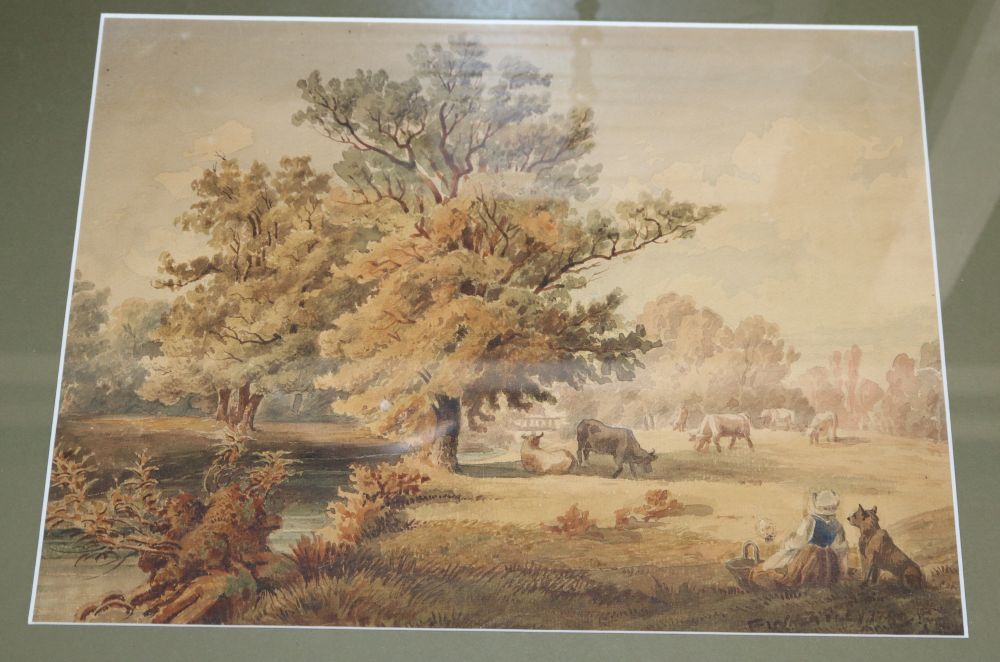 Francis Wheatley (1747-1801), watercolour, Woman and cattle in a landscape, signed and dated 1799, 23 x 30cm